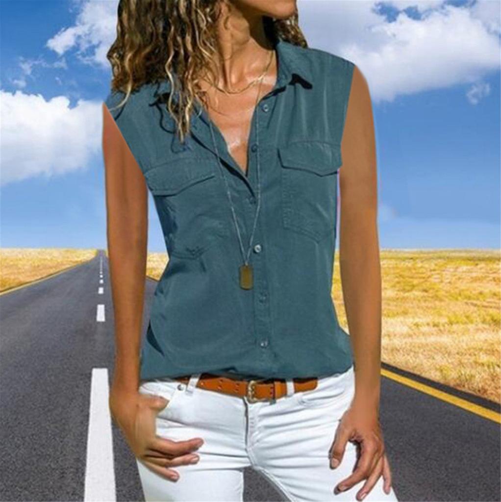 Women Casual Sleeveless Turn Down Collar Pockets Button Front Shirt Tops