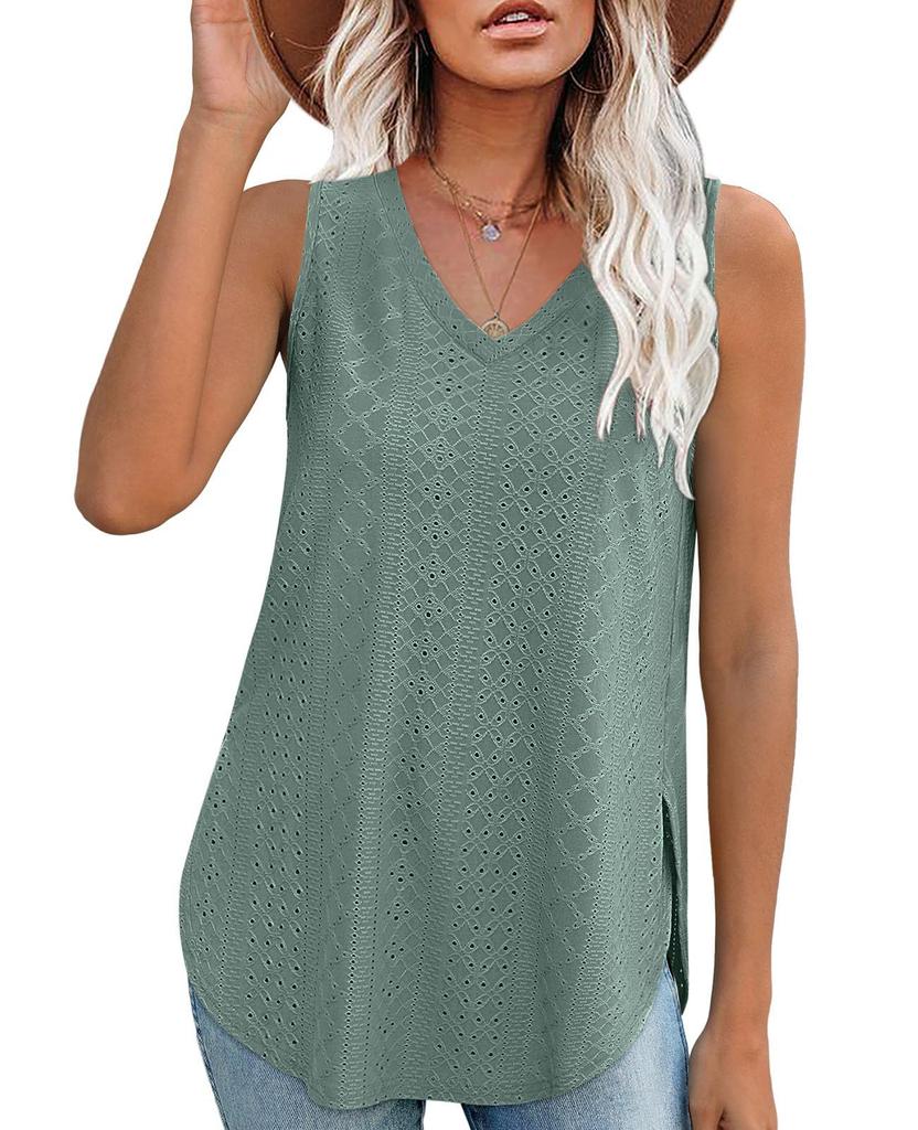 2025 Damen Sommer Top V-Ausschnitt Weste Ärmellos Lochstickerei Jacquard Top Lässige Weste Seitenschlitz T-Shirts Für Damen Stricktop