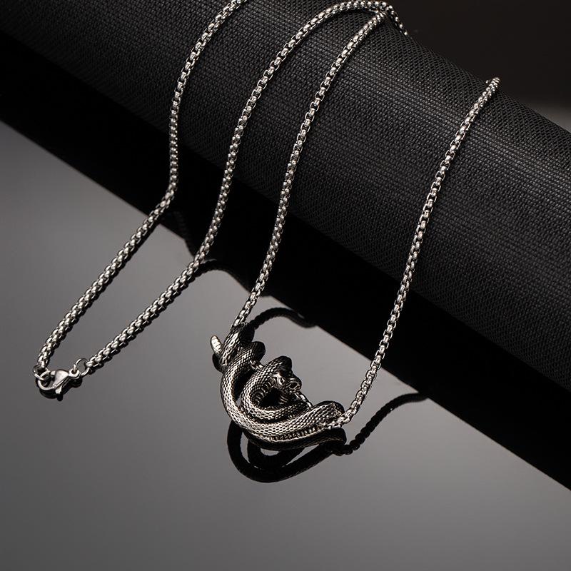 Wrapped Snake Necklace Male Retro Trendy Cool Personality Punk Titanium Steel Chain Japanese And Korean Hip Hop Sweater Chain Accessories