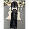 Fashion Socialite Style Suit Women's Accessible Luxury Heavy Embroidery Hot Drilling Long Sleeves Tops + Skirt Sheer Mesh Dress Fashion