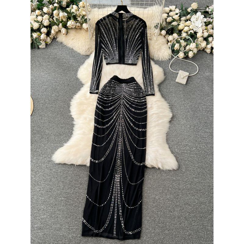 Fashion Socialite Style Suit Women's Accessible Luxury Heavy Embroidery Hot Drilling Long Sleeves Tops + Skirt Sheer Mesh Dress Fashion