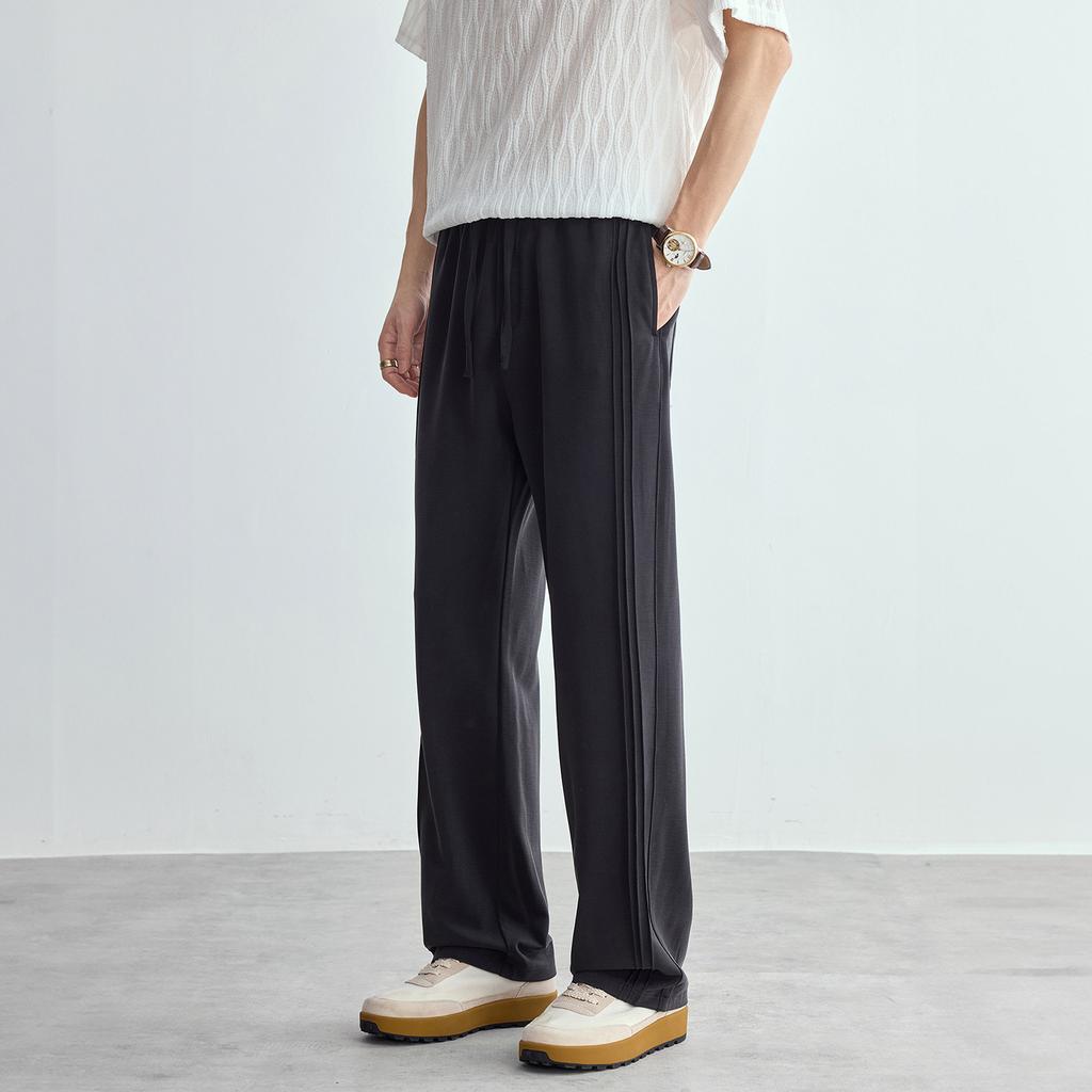 American Fashion Trendy Brand Side Pleated Design Casual Pants Men's Loose Wide Legs Drape Straight Ice Silk Trousers