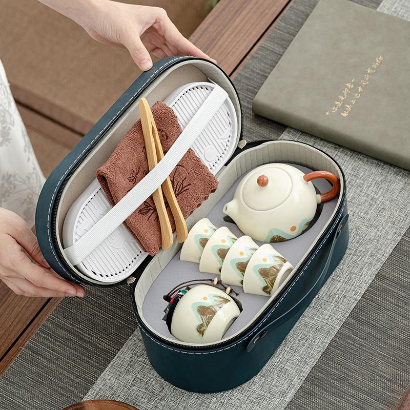 Light Luxury Qingshan Travel Tea Set, Flowering Ru Kiln Kung Fu, a Pot of Four Cups, Portable Outdoor Tea
