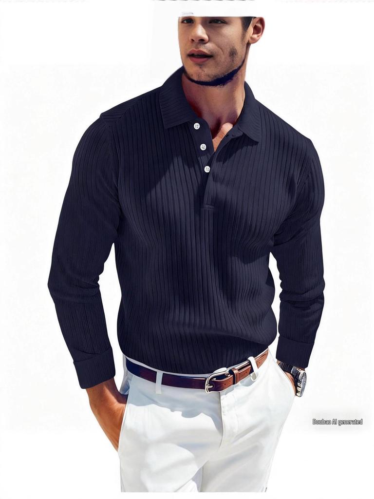 European American Men's Knit Lapel Long Sleeve Polo Shirt