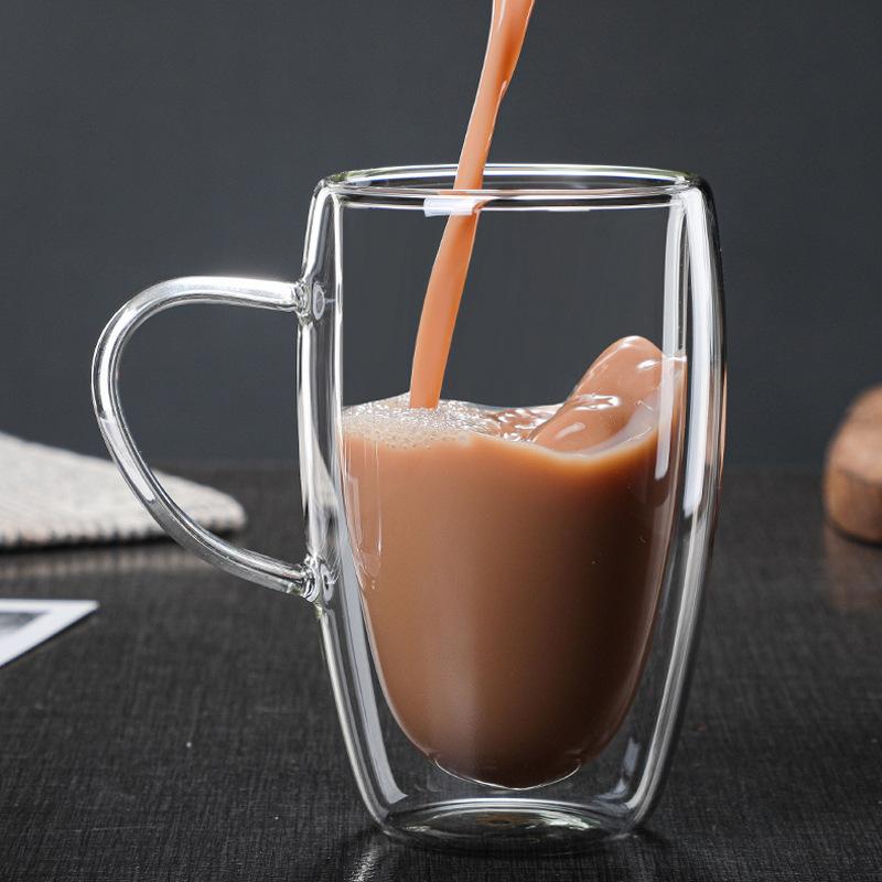 Double Wall Glass Coffee Mugs Milk Mug with Handle Cappuccino Latte Hot Drink Classic Coffee Glass Set Heat Cold Resistant Glass