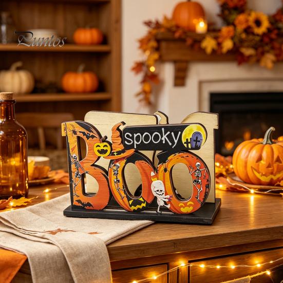 Rosa Kürbis Tischdekoration Halloween Holz Serviettenhalter, Niedlicher Pastell Geist Schwarze Katze Tischoberfläche Taschentuchspender, Wasserdichtes Dekoratives Papierhandtuch