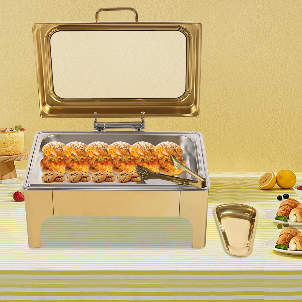 Gold Chafing Dish Buffet Set, Stainless Steel Chafing Dish Set Rectangular Buffet Warmer Sets w/Thick Frame for Catering Parties