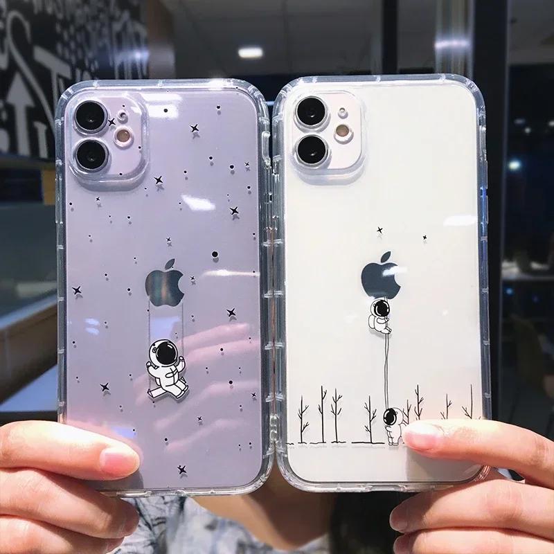 Funda de Teléfono Divertida de Dibujos Animados de Astronauta para iPhone 16 15 14 13 12 11 Pro Max Mini X XS XR 7 8 Plus Transparente Suave a Prueba de Golpes