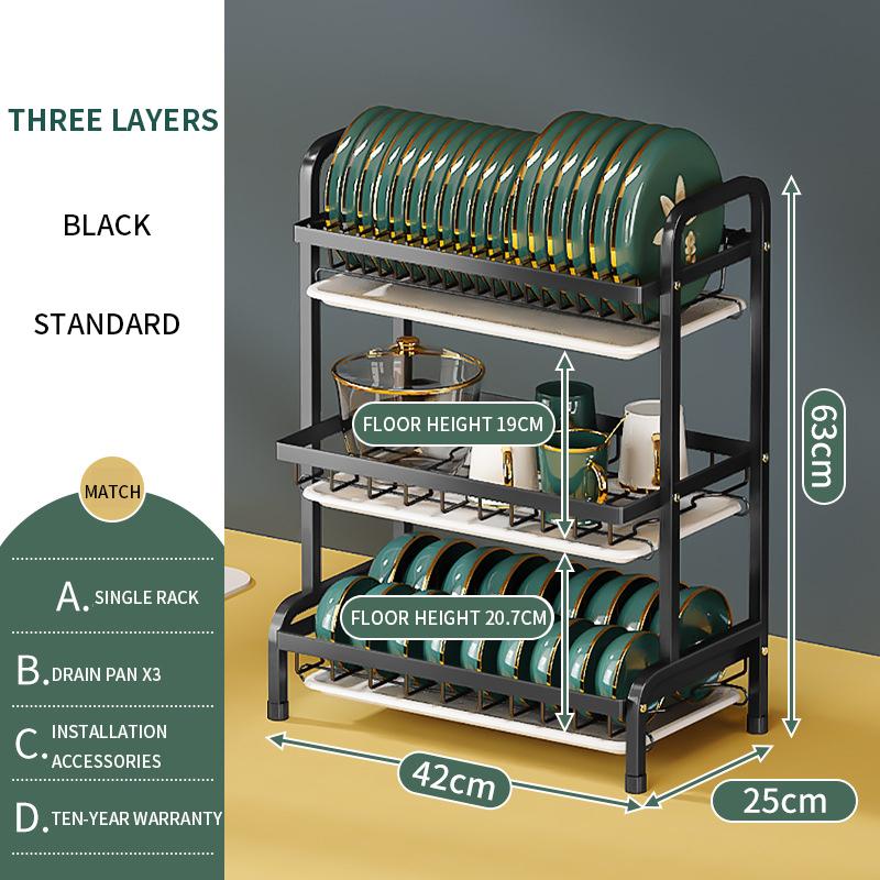 Suport pentru ustensile de bucătărie cu 3 niveluri Suport pentru uscare vase Boluri Bețișoare Placă de tăiat Raft de depozitare Veselă din oțel inoxidabil Scurgere