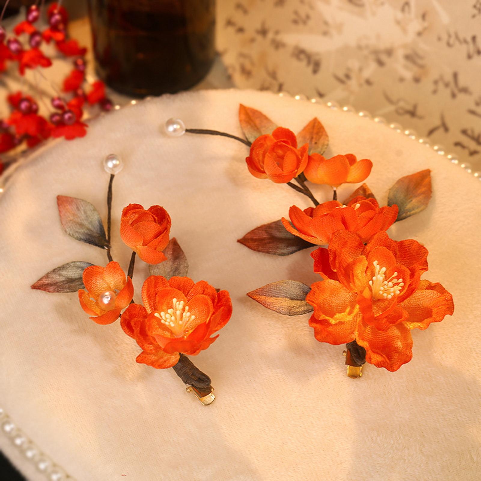 Orange Velvet Flower Hair Clips 1 Pair Retro Style Alloy Barrettes For Wedding Hanfu Traditional Festive Events 1 Pair