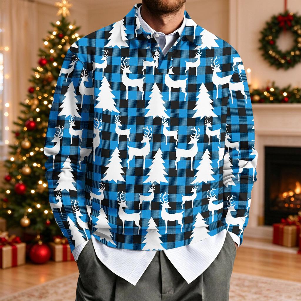 Men's Casual Loose Fit Long Sleeve Collared Shirt with Christmas Print for Holiday Parties