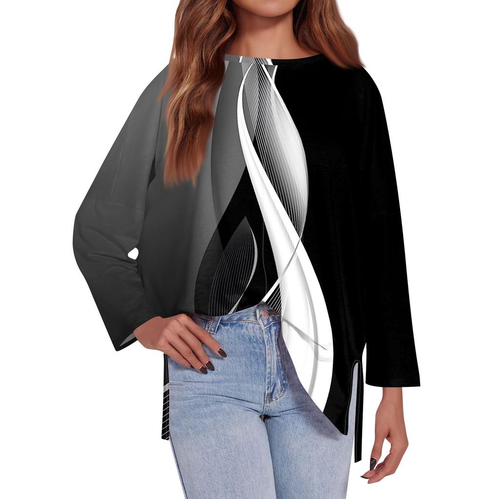 Women's Fashion Oversized Loose T-Shirt Round Neck Long Sleeve Side Geometric Splicing Printed Casual Top