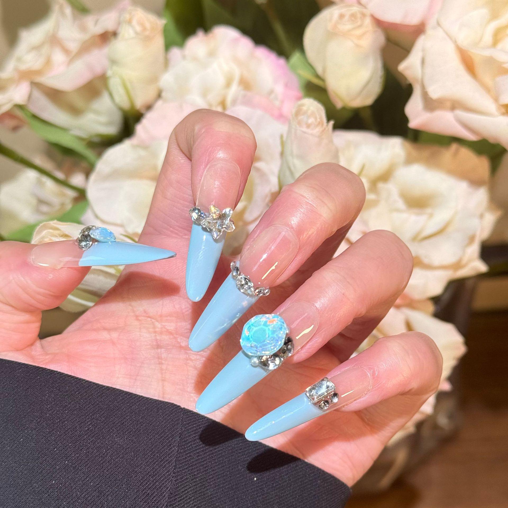 

Real Shot Milk Blue Heart & Star Rhinestone Nails - Handmade, Wearable, Candy Blue Design