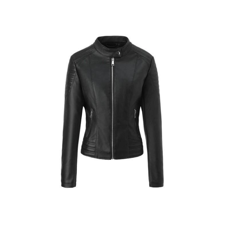 Womens Slim Fit PU Leather Jacket Stand Collar Zip Pockets Classic Streetwear