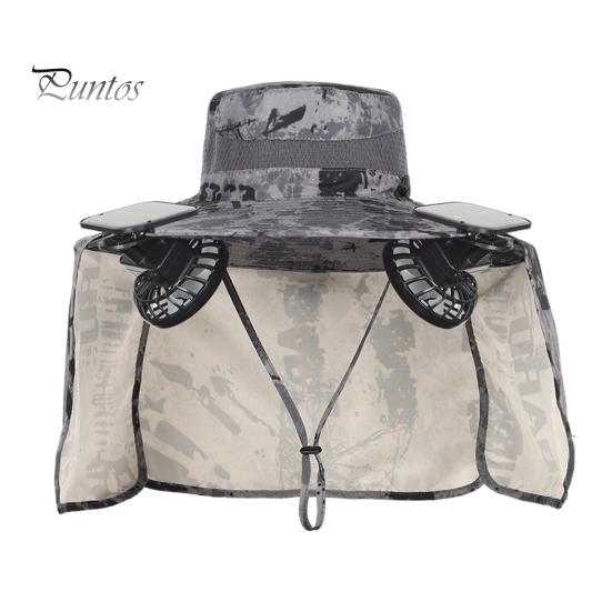 Solar Fan Hat with Neck Flap UPF 50+ UV Protection Hat with 2 Solar Fans Breathable Men Summer Outdoor Activities Fishing Wide Brim Bucket Cap