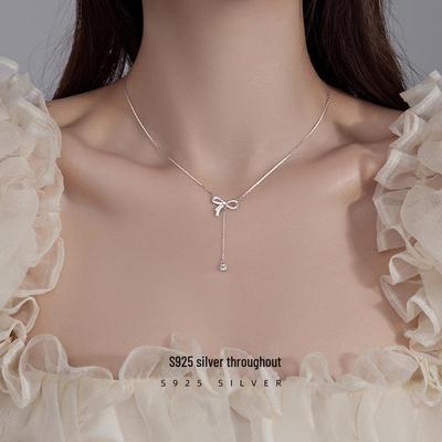 Banyan Tree S925 Silver Bow Tassel Necklace - Elegant Butterfly Clavicle Chain