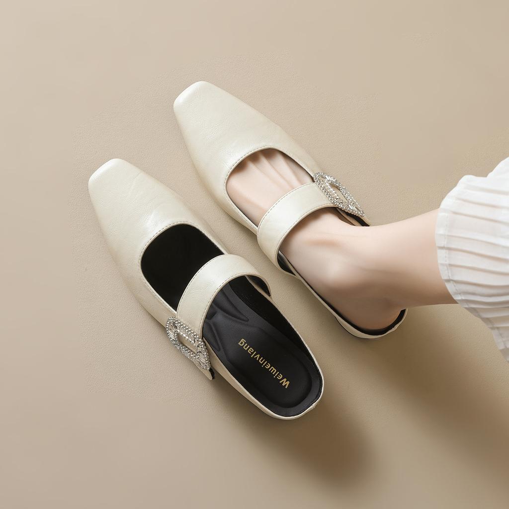 In the Summer of 2025, the New French High-end Rhinestone Square-head Mary Jane Shoes with Skirt Inner Height Increase and Half-drag Single Shoes
