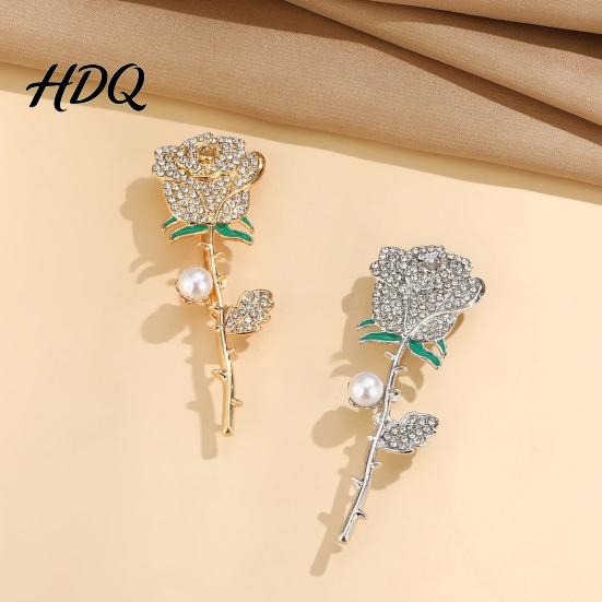 Fade Proof Rose Brooch Rhinestone with Pearl Decor Strong Buckle Pin Secure Clasp Alloy Elegant Flower Shape Pin for Coats Shirts Bags Accessories