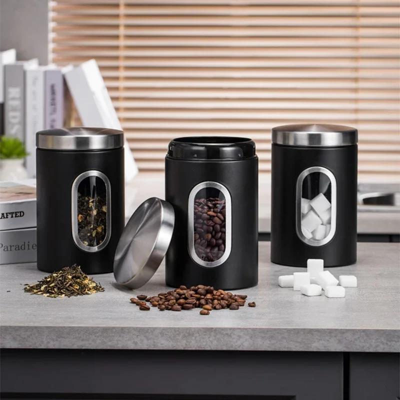 Te Kaffe Socker 3st/set Burkförvaring Kök Rostfria Behållare Köksförvaring Teburkar Nötter Snacks Förseglade