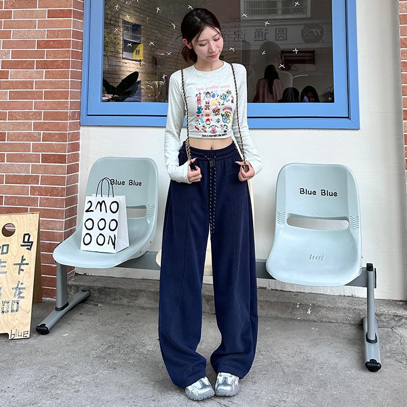 Retro Sporty Style Loose Temperament Casual Pants In Autumn New Wide-leg High-waisted Scimitar Floor Trousers for Women