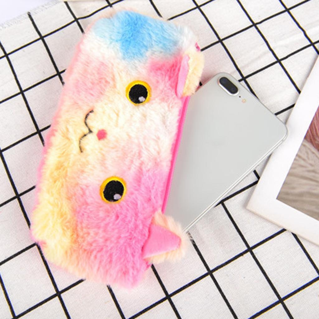 Plush Pencil Case Pouch Cute Cat Laser Color High Capacity Kids Students Office Supplies Round Eye