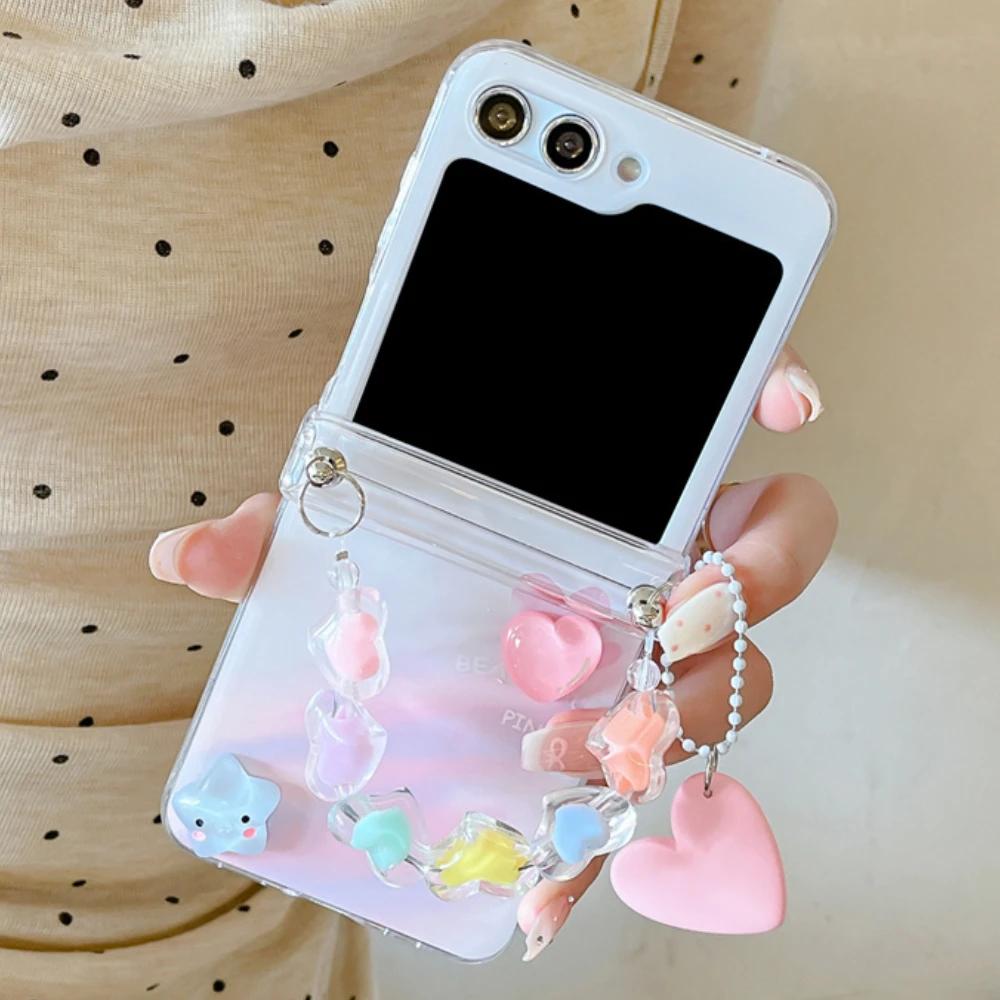 

Милый чехол для телефона с изображением звезд и сердец из мультфильма с ремешком на запястье для Samsung Galaxy Z Flip 6 5 4 3 5G, защита шарнира, прозрачный жесткий чехол For Samsung Galaxy Z Flip6