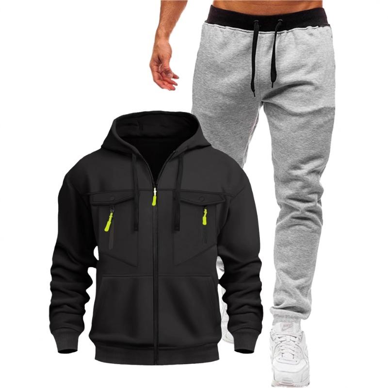 

Men s Hooded Long Sleeve Zipper Casual Suit Color Block Waist Black Pants Jogging Suit S чёрный