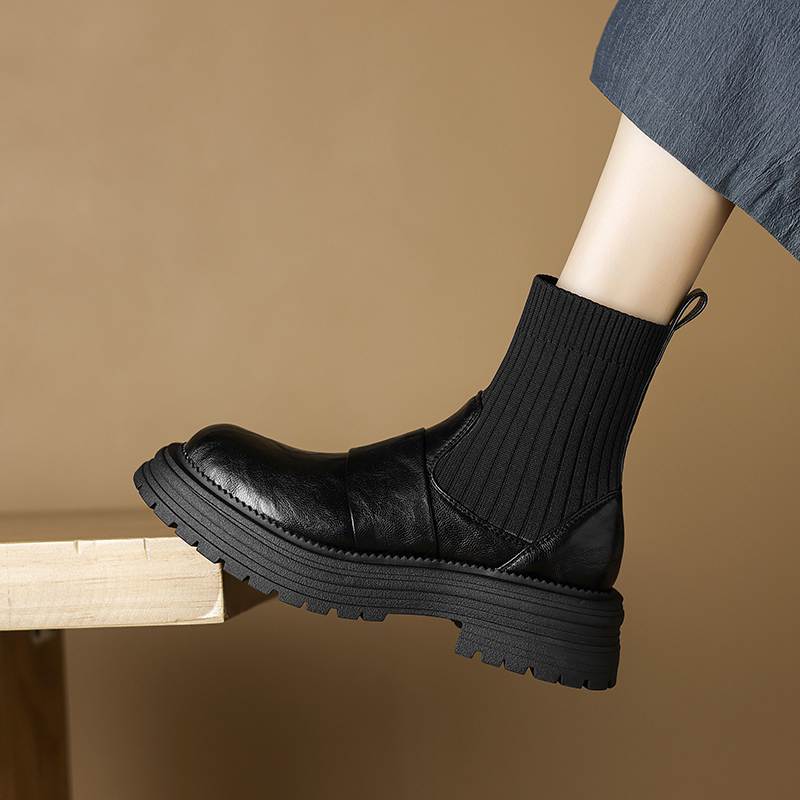 Krazing Pot Microfiber Autumn Winter Shoes Thick High Heels Flat Platform Size 43 Motorcycle Boots Knitwear Ankle Boots