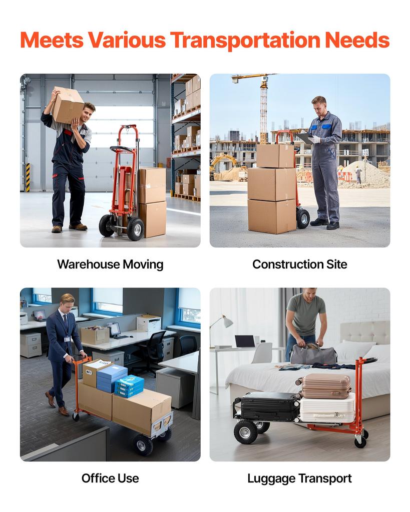 VEVOR 4 In 1 Hand Truck, 453.6 Kg Load Capacity for 4-Wheel Mode, Convertible Hand Truck Dolly with Non-Slip Handle & Wheels