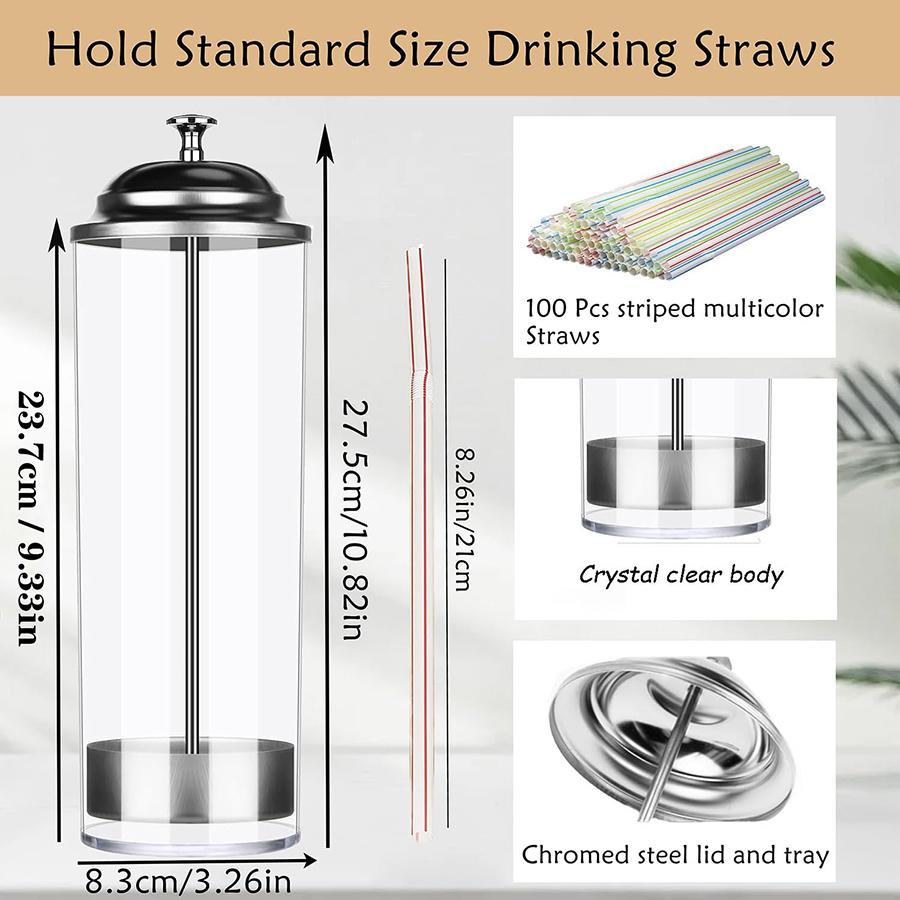 Straw Holder Dispenser 100 PCS Striped Straws Include - Clear Drinking Straw Container with Stainless Steel Lid Storage Box