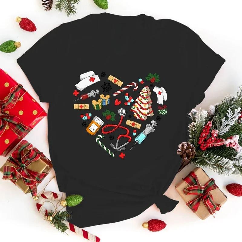 Funny Christmas Nurse Love Print TShirt Women Summer Casual Short Sleeve TShirt Fashion Women Tops Soft Clothing