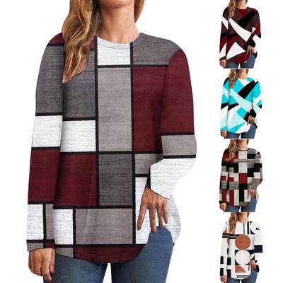 Casual Color Block Long Sleeve Tops For Women Fall Geometric Graphic Crewneck Loose T Shirts Slouchy Tunic Blouses