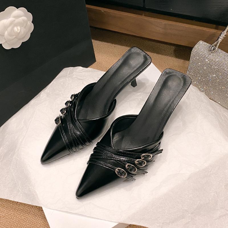 Fashion New Heels Pumps Slippers For Ladies 2024 Luxury Shoes Female Fashion Buckle Pointed Toe Heeled Women Mules Slides Sandals