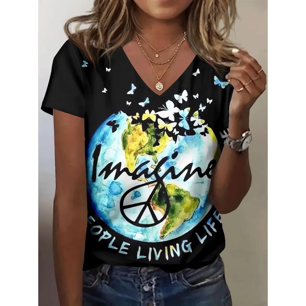 Fashionable Comfortable Breathable T-shirt Summer Colorful Retro 3D Pattern Women's V-neck Short Sleeved T-shirt