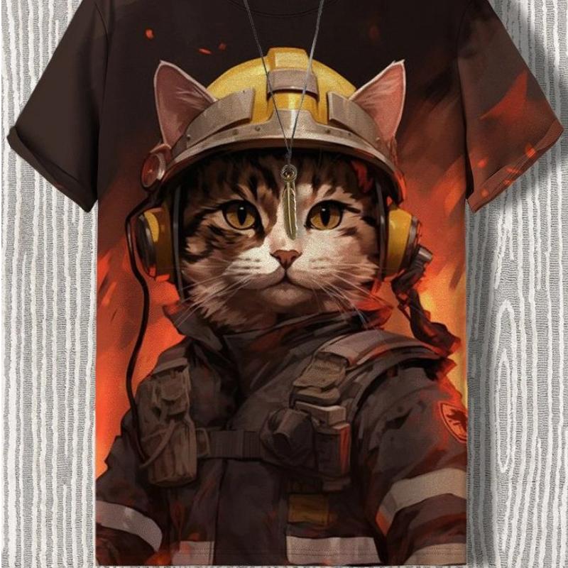 Maglietta da uomo in stile giapponese con grafica Samurai Cat, stampata in 3D, casual, a maniche corte, per esterni, abbigliamento da uomo oversize