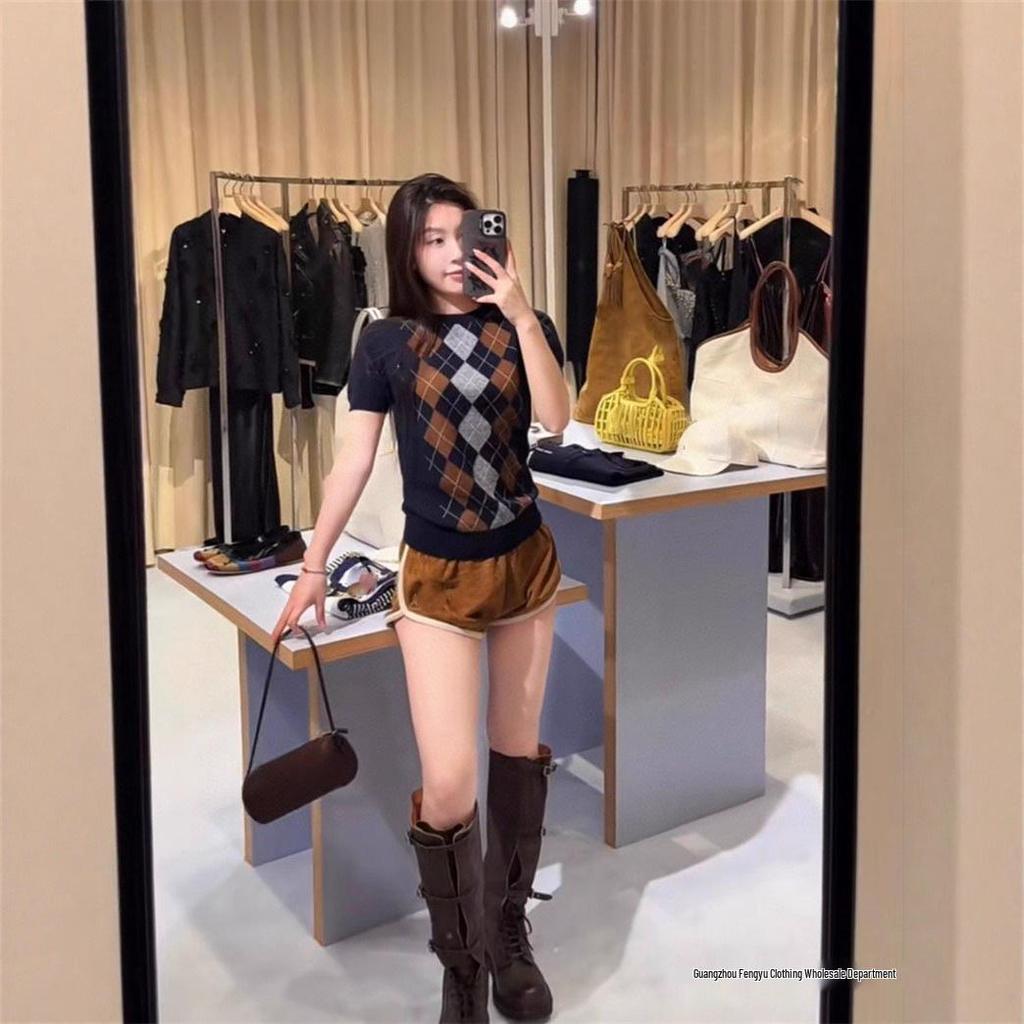 2025 Frühherbst Süßer Preppy Argyle Strick Rundhals Kurzarm Pullover für Damen