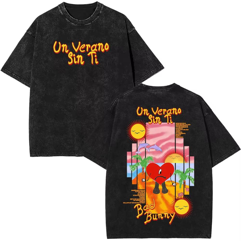 Rapper Bad Bunny Tour Debi Tirar Mas Fotos DTMF Merch Tshirts Men Fashion Summer Hip Hop Vintage Washed Tshirts Streetwear