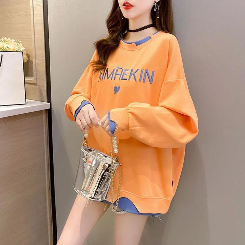 Cotton Sweatshirt Women Autumn Spring Large Size Loose Mid-Length Round Neck Sweatshirt Casual Versatile Long Sleeve Tops
