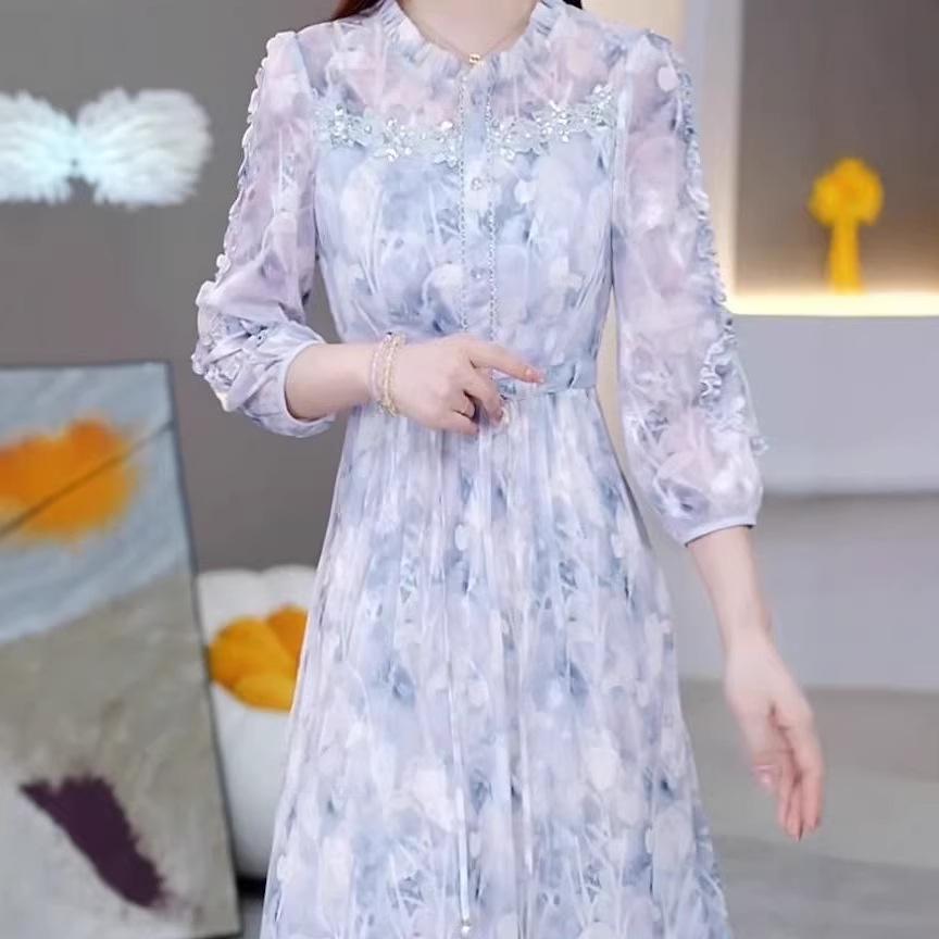 Women's Spring 2026 Seven-Sleeve Ruffled Collar Belted Printed Midi Dress
