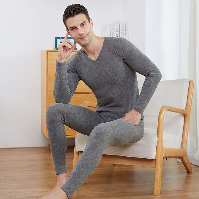 Qiweilang Men's Two-Color German Velvet Thermal Suit, No-Pill V-Neck & Round Neck, Autumn Underwear & Pants