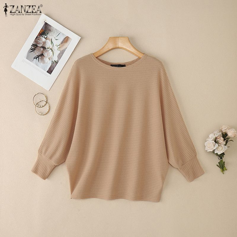 ZANZEA Women Casual O-neck Solid Color Bat Sleeve Rib Thin Blouse Tops