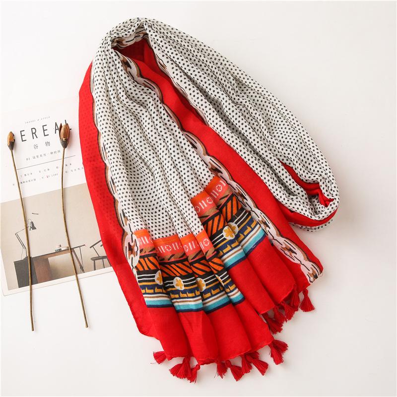 Ladies Fashion Autumn Polka Dot Patchwork Tassel Viscose Scarf High Quality Shawls and Wraps Stole Foulard Muslim Hijab 180*90Cm