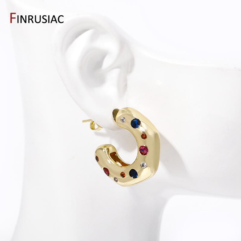 New Trendy Colorful Zircon C-Shape Stud Earrings For Women Brass Open Ear Stud Party Jewelry Accessories