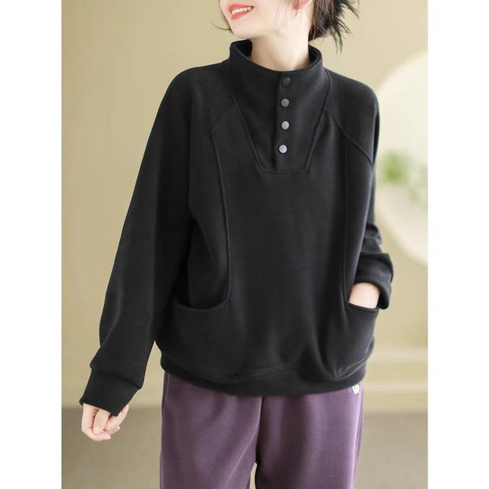 Warm Thermal Sweatshirt Women s Loose Button Half Collar Velvet Polyester Full Sleeve Casual XXXXL