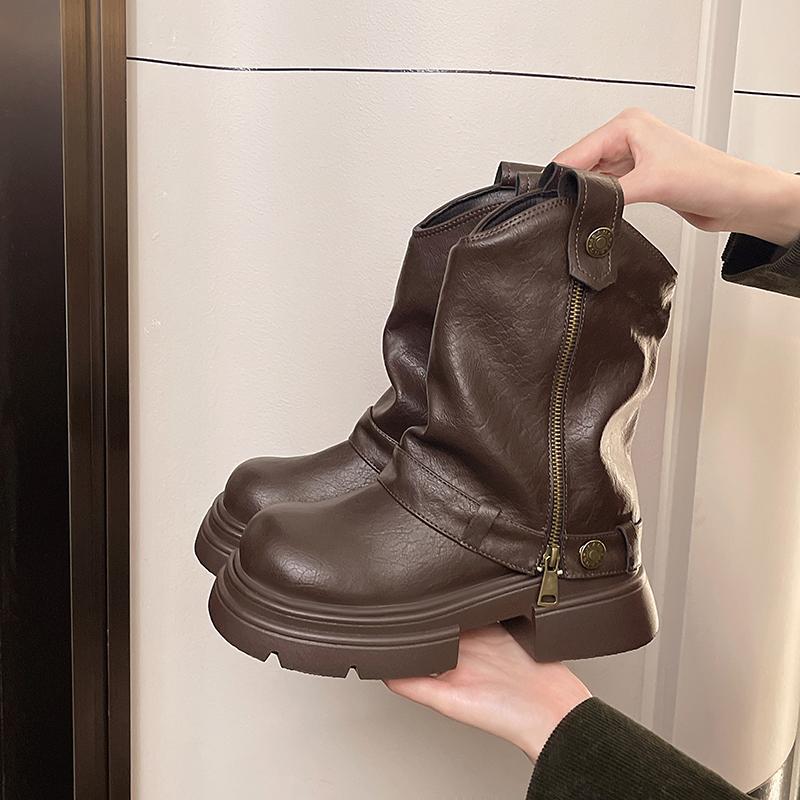 

Vintage Women Motorcycle Boots British Style Platform Heel Shoes Autumn Modern Short Booties Zapatos De Mujer 35 коричневый