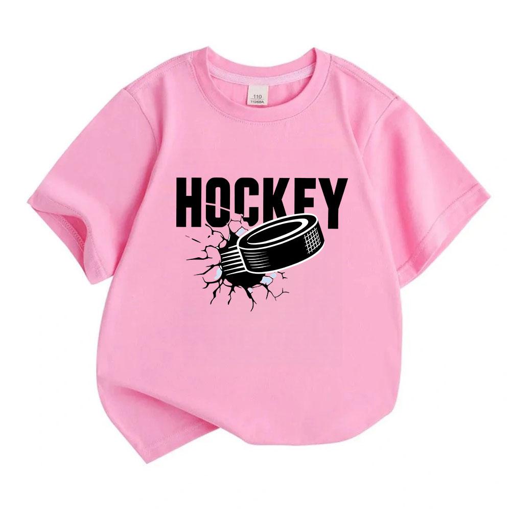 Kids Boys Girls 100% Cotton Crew Neck Short Sleeve T-Shirt, Cool Ice Breaking Hockey Puck Print Casual Soft Daily Tees for Sports Game Playing Summer