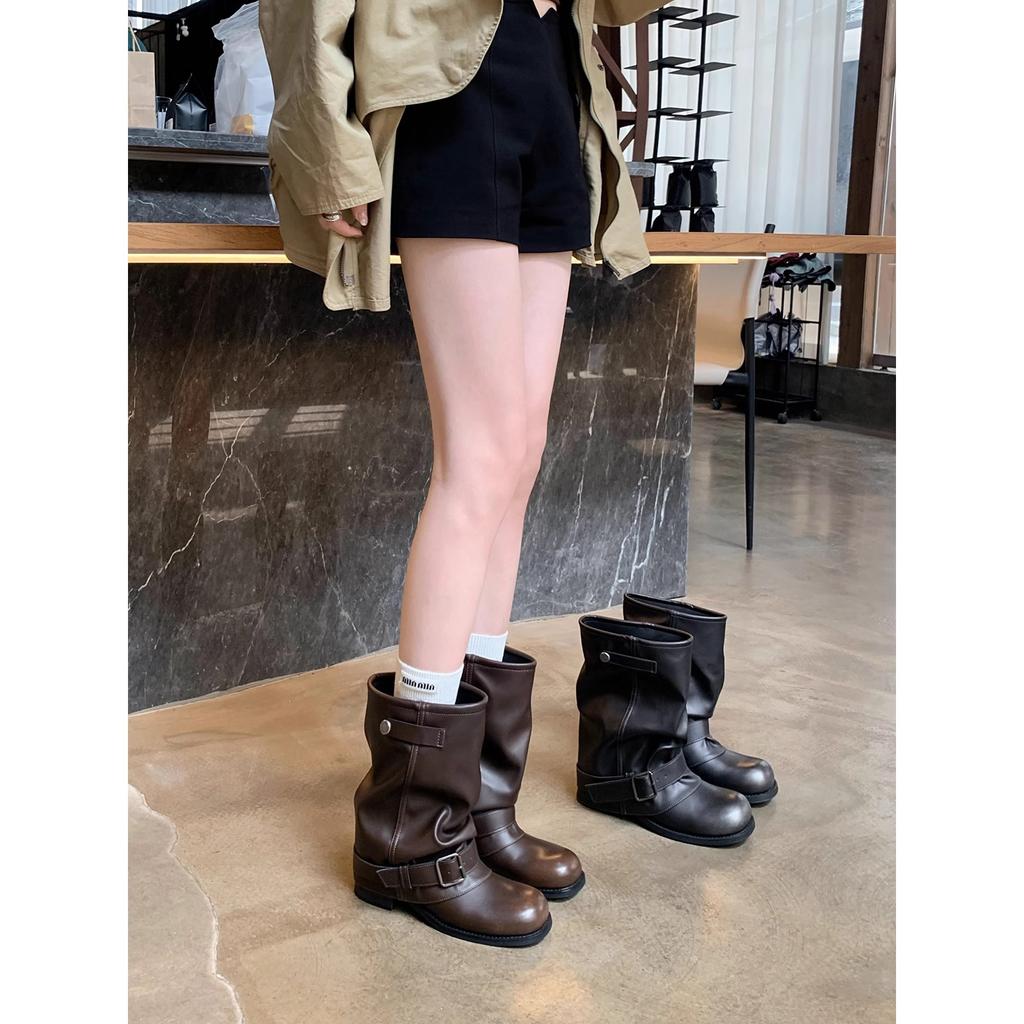 Spot second hair! Inner height increase 6cm western cowboy boots pleated polished stacked boots retro thick heel fashion boots women