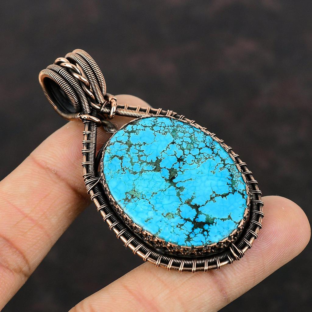 Tibetan Turquoise Pendant Copper Wire Wrapped Jewelry Handmade Copper Pendant Original Gemstone Pendant Engagement Gift Wire Wrapped Pendant