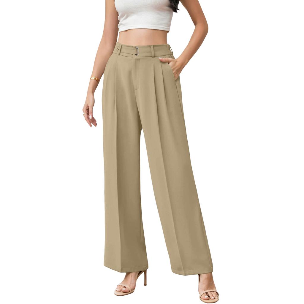 Women's High Waist Wide Leg Pants with Belt Business Casual Straight Leg Trousers for Office and Daily Wear