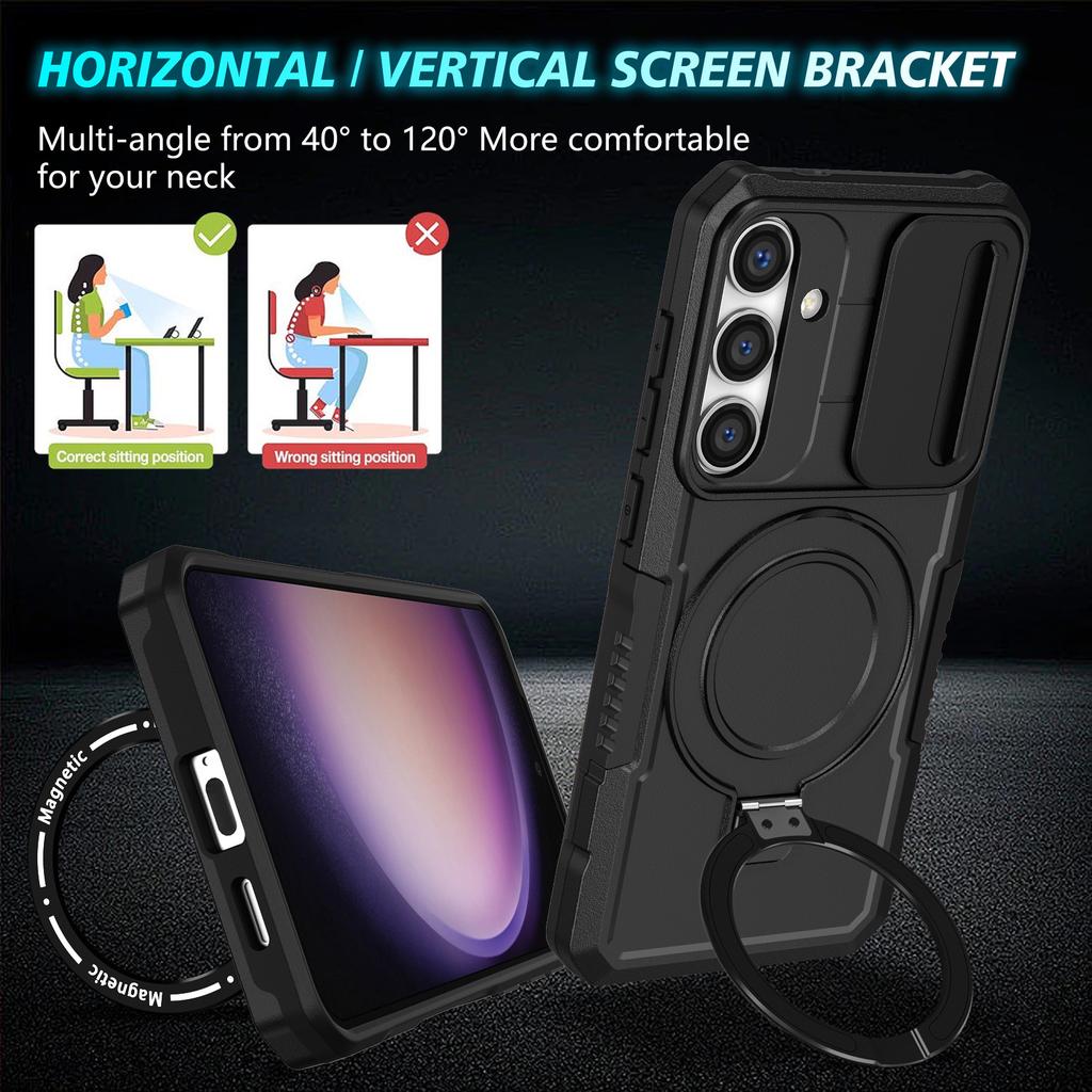 For Samsung Galaxy S24+ Case Slide Lens Window Kickstand Protective Cover Compatible with MagSafe